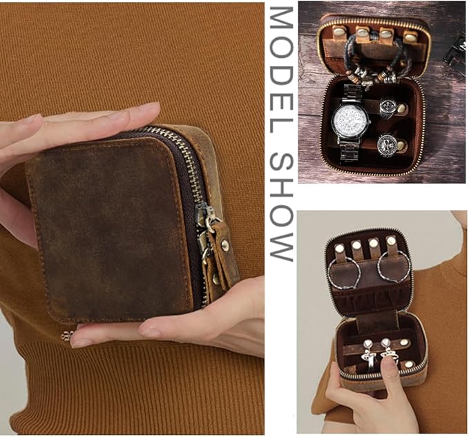 CONTACTS Crazy Horse Leather Travel Jewelry Case Small Jewelry Box Travel Organizer for Rings, Necklaces, Earrings Watches Storage Case, Brown