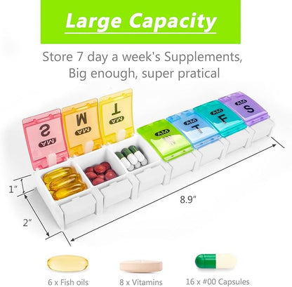 Extra Large Weekly Pill Organizer 2 Times a Day - Remtise Am/Pm Daily Pill Case Medicine Organizer, Push Button 7 Day Pill Box for Pills/Vitamin/Cod Liver Oil/Supplements (Rainbow)