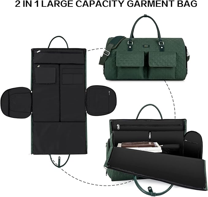 Garment Bag for Travel With Toiletry Bag Convertible Carry On Weekender Bag Large Travel Duffel Bags for Women 2 in 1 Hanging Suitcase Suit Travel Bags for Women & Men 3pcs Set (H-Green)