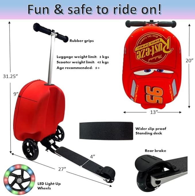 Fast Forward Kid’s Licensed 18" Ride-On Suitcase Scooter - Lightweight Carry-On Foldable Scooter Luggage
