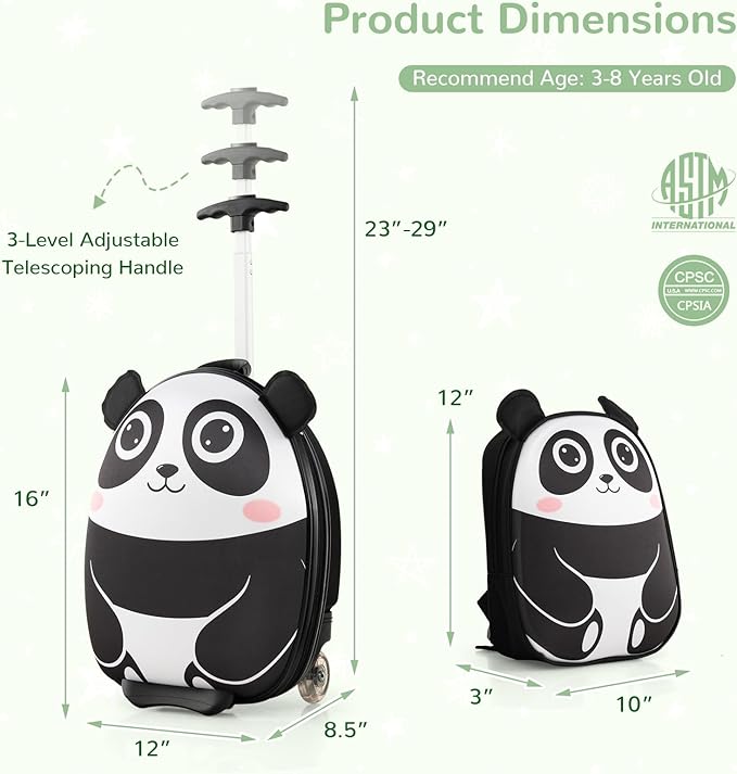 HONEY JOY Kids Luggage, 12” Children Hardshell Backpack & 16” Toddler Travel Rolling Suitcase, 2 Pcs Lightweight Carry On Luggage Set, Kids Luggage with Wheels for Girls & Boys(Black Panda)