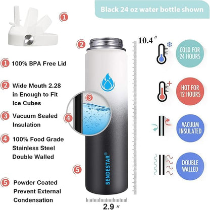 SENDESTAR Stainless Steel Wide Mouth Water Bottle 24oz Double Wall Vacuum Insulated Leak Proof Bottle with New Flex Straw Lid & Spout Lid