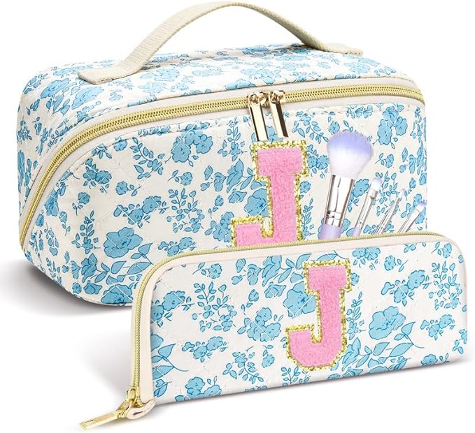 Personalized Travel Makeup Bag Set,Initial Travel Cute Floral Makeup Organizer Bag,Toiletry Skincare Cosmetic Bag,Christmas Gifts for Women/Girls,Open Flat Toiletry Pouch with Brush Pocket-J