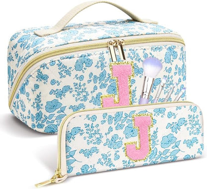 Personalized Travel Makeup Bag Set,Initial Travel Cute Floral Makeup Organizer Bag,Toiletry Skincare Cosmetic Bag,Christmas Gifts for Women/Girls,Open Flat Toiletry Pouch with Brush Pocket-J