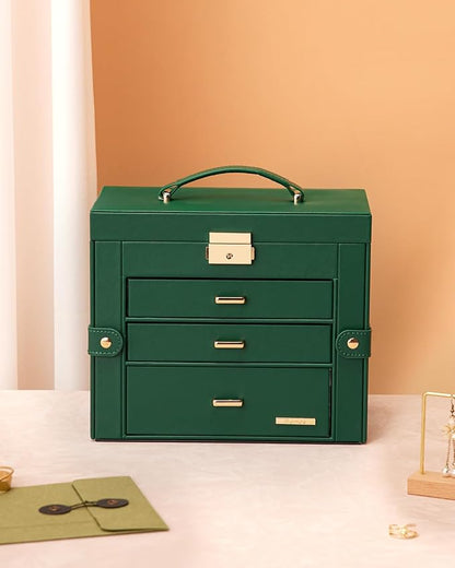 Homde 2 IN 1 Jewelry Box for Women Girls with Small Travel Case Mirror Necklace Ring Earrings Organizer - Christmas Gifts (Forest Green + Gold)