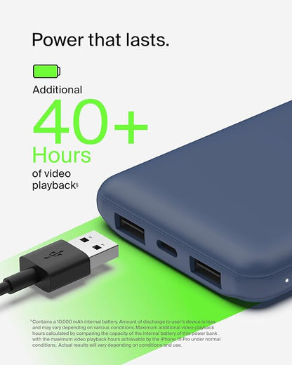 Belkin Portable Charger, USB C Power Bank 10000 mAh w/ 2xUSB-A Ports, 15W w/ Type-C to Type-A Cable - iPhone 17, Air, Pro, Pro Max, Samsung Galaxy S25, Nintendo Switch 2, Google Pixel 10, etc. - Blue