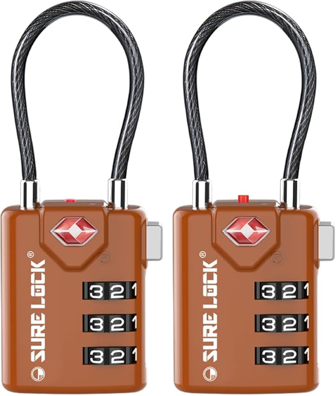 SURE LOCK TSA Approved Combination Luggage Locks with Open Alert Indicator – Durable Zinc Alloy Cable Travel Locks with Large Easy-Read Dials for Suitcases, Backpacks & Gym Bags
