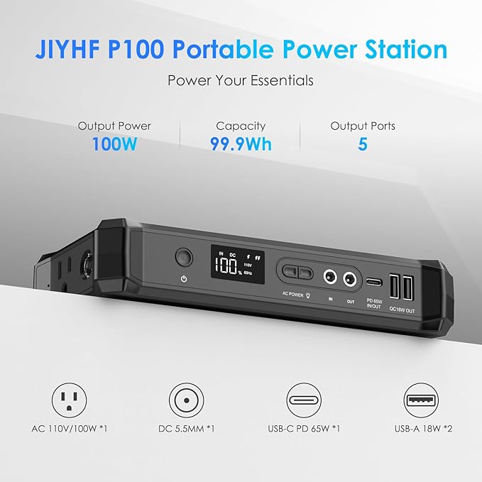 JIYHF Portable Power Bank with AC Outlet - 99.9Wh Backup Battery, 100W AC & 65W USB-C PD Fast Charging Ideal for Outdoor Work, Compatible with iPhone16/15 Series, iPad, MacBook, Laptop