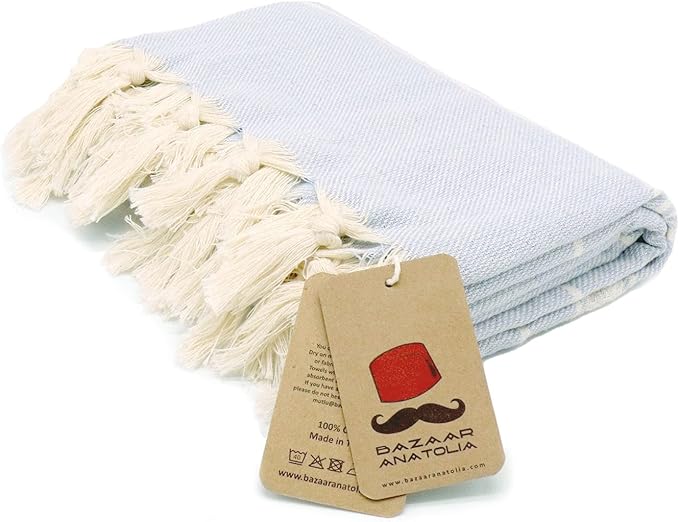 Bazaar Anatolia Turkish Beach Towel – 100% Cotton, Quick Dry, Sand Free Towel for Bathroom, Travel, Camping – Oversized 71x39 Inches – Stripe Light Blue