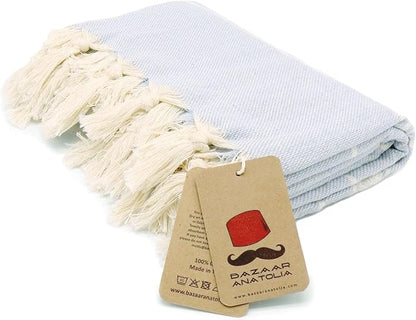 Bazaar Anatolia Turkish Beach Towel – 100% Cotton, Quick Dry, Sand Free Towel for Bathroom, Travel, Camping – Oversized 71x39 Inches – Stripe Light Blue
