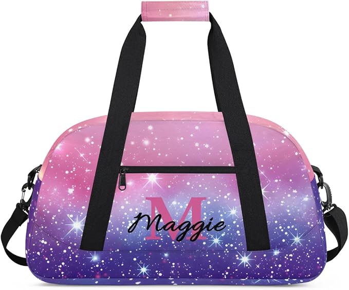 Personalized Kids Sports Duffel Bag with Name Custom Weekender Overnight Bag for Boys Girls Gym Bag Travel Dance Gymnastics Duffel Bag, Pink Purple Glitter