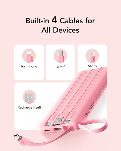 VRURC Portable Phone Charger, Travel Portable Charger with 4 Cables, 5 Outputs 2 Inputs Slim USB C Power Bank, Built-in Cables Cords for iPhone 17 16 15 14 13,Samsung,Android-Barbie Pink(1 Pack)