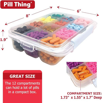 12 Compartment Large Pill Case with Airtight Seal - Silicone Gasket Waterproof Med Box with Medication Map (Clear, 1 Pack)