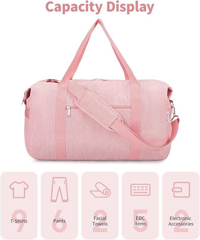 Narwey Carry on luaggage 22x14x9 Airlines Approved Foldable Carry on Bag Travel Duffel Packable Duffle with Wet Pocket Overnight for Women and Men 40L (Pink)