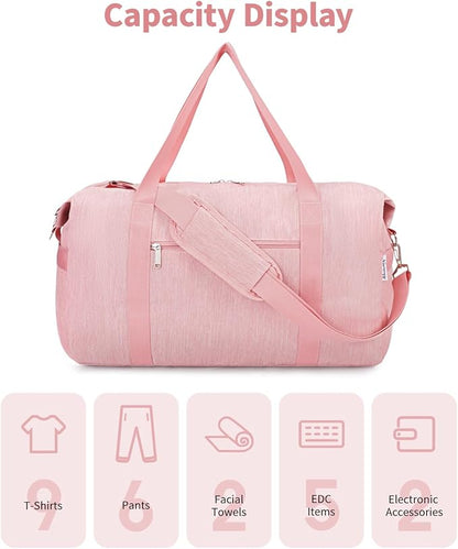 Narwey Carry on luaggage 22x14x9 Airlines Approved Foldable Carry on Bag Travel Duffel Packable Duffle with Wet Pocket Overnight for Women and Men 40L (Pink)