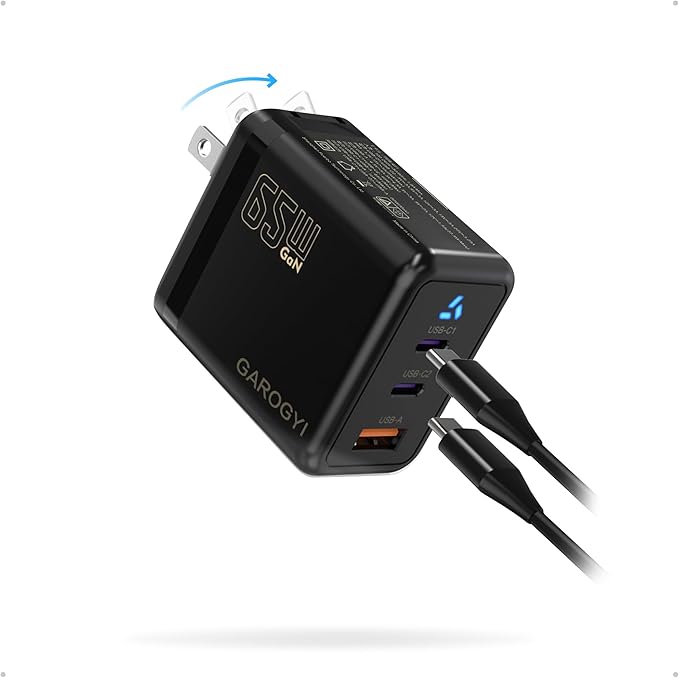 USB C Charger 65W, 3 Ports GaN Fast Charger Block, Compact Foldable Wall Charger with USB-C Cable for iPhone 16 Pro Max, iPad, MacBook Pro/Air,Galaxy S24,Dell XPS 13,Pixel 8 and More (Black)
