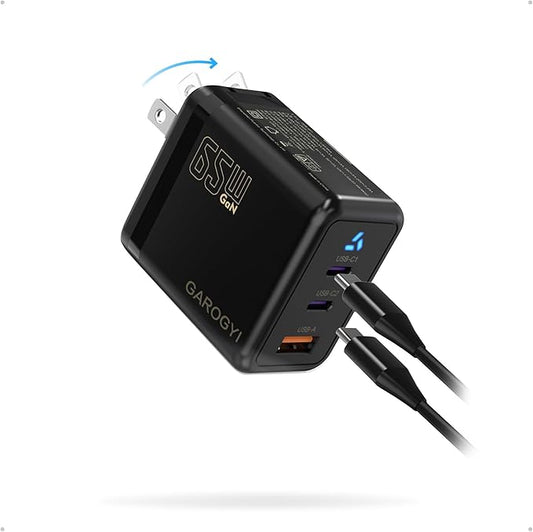 USB C Charger 65W, 3 Ports GaN Fast Charger Block, Compact Foldable Wall Charger with USB-C Cable for iPhone 16 Pro Max, iPad, MacBook Pro/Air,Galaxy S24,Dell XPS 13,Pixel 8 and More (Black)