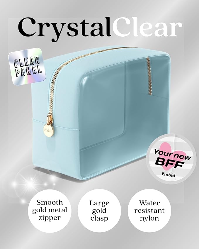 Embla Clear Cosmetic Bags Set of 3, Mini Small Large Makeup Bags For Women Clear Pouch Cosmetics Cases Zipper Cute Pouches Make Up Travel Toiletry Essentials Preppy Purse Organizer Makeup Cases, Sky