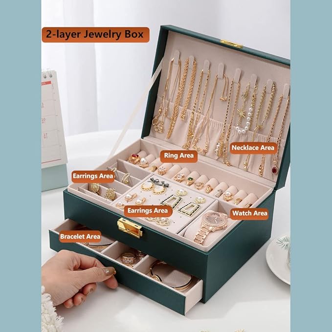 GUOER Jewelry Box for Women Girl Wife - Large PU Leather Jewelry Organizer Storage Case with Two Layers Display for Earrings Bracelets Rings Watches (Green)