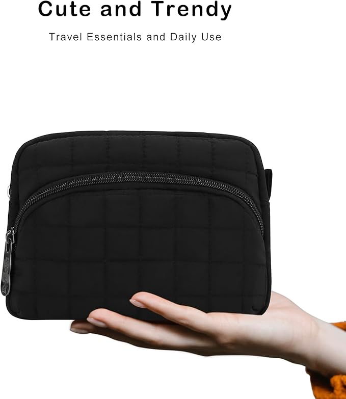 E-Tree Makeup Bag, Quilted Cosmetic Bag for Women, Puffer Make up Pouch for Purse,Travel Toiletry Organizer Case Black