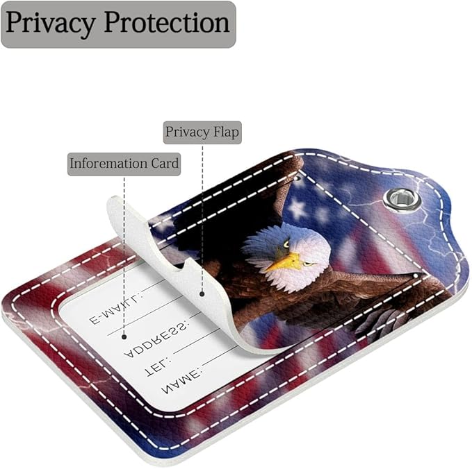 Funny PU Leather Luggage Tags 2-Pack Flying Eagle American Flag Lightning Cute Pattern Suitable for Suitcase Stainless Steel Loop and Address Card Essential for Cruise and Airport Travel