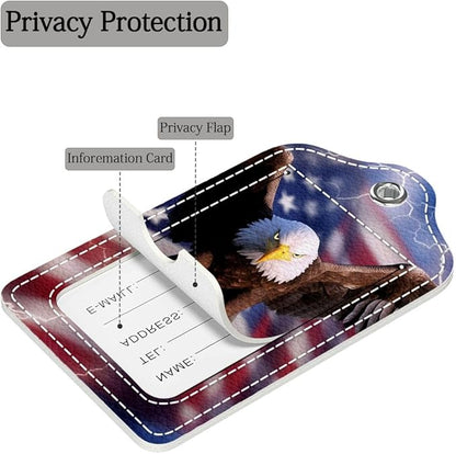 Funny PU Leather Luggage Tags 2-Pack Flying Eagle American Flag Lightning Cute Pattern Suitable for Suitcase Stainless Steel Loop and Address Card Essential for Cruise and Airport Travel