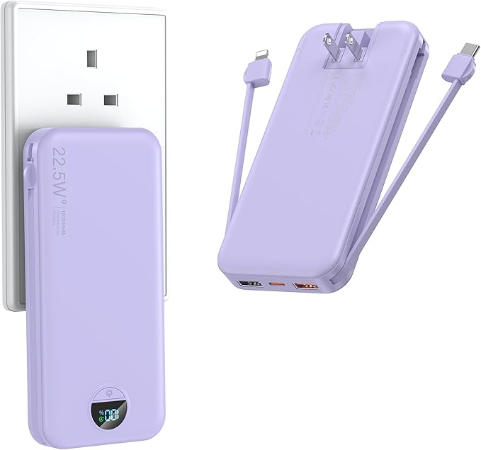 Portable Charger with Wall Plug, 12000mAh USB C Power Bank Fast Charging, External Battery Pack with Built in Cables, Digital Display, 5 Output 4 Input for iPhone Android Cell Phone Tablet