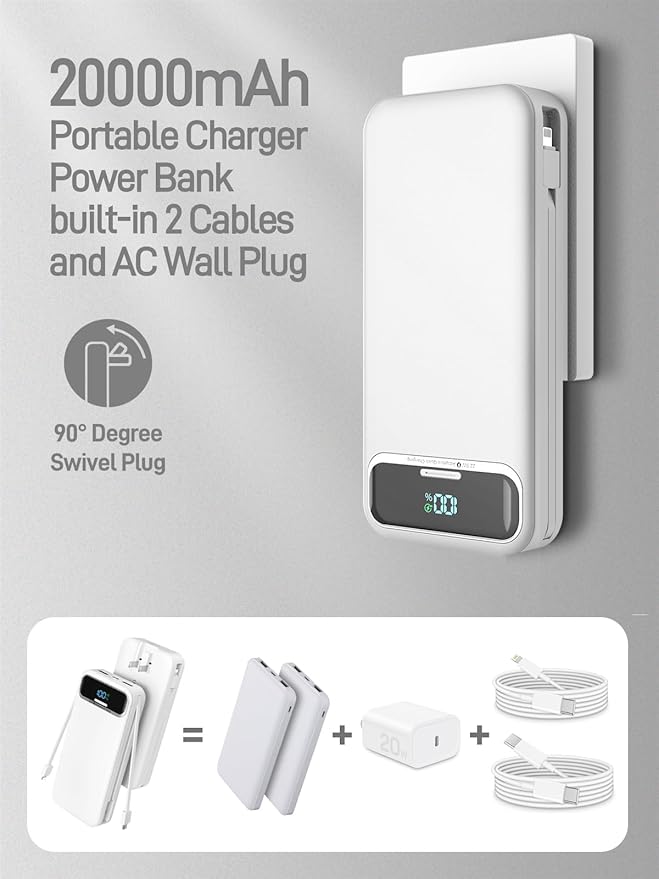 Portable Charger Power Bank with Built in Cables and AC Wall Plug,PD20W&SCP22.5W USB-C Super Fast Charging,20000mAh Travel Phone Charging,LED Display Battery Pack Compatible All iPhone Samsung etc