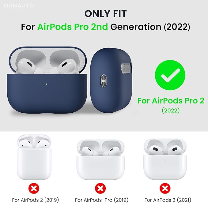 ORNARTO Compatible with AirPods Pro 2 Case 2022, Full Protective Hybrid Silicone for AirPods Pro 2nd Generation Case, Front LED Visible Skin Cover-Navy Blue