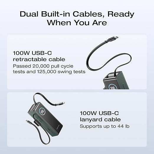 EF ECOFLOW Rapid Power Bank, 25,000mAh, 170W, 100W Built-in and Retractable Cables, Portable Charger with Triple 100W USB-C Port, Compatible with iPhone 17/16/15/14, Samsung, Laptop and More, Green