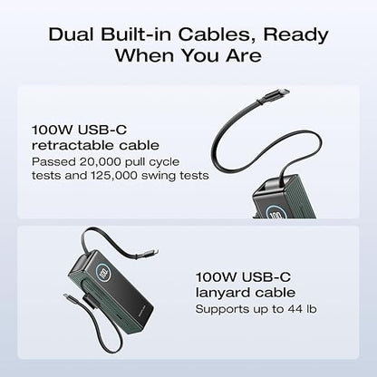 EF ECOFLOW Rapid Power Bank, 25,000mAh, 170W, 100W Built-in and Retractable Cables, Portable Charger with Triple 100W USB-C Port, Compatible with iPhone 17/16/15/14, Samsung, Laptop and More, Green