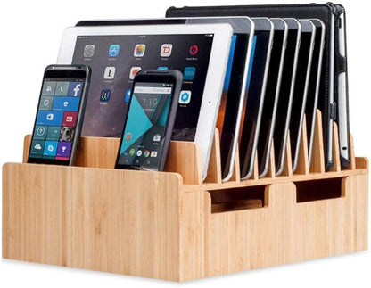 MobileVision Bamboo 10-Port Charging Station & Docking Organizer for Smartphones & Tablets, Family-Sized, for use in Corporate Offices & Classrooms