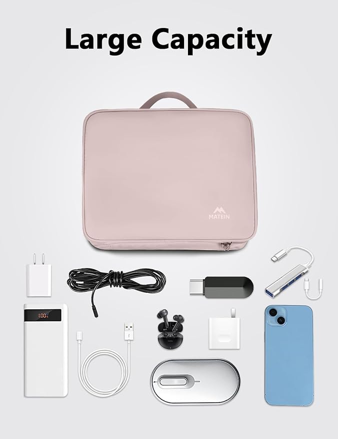 MATEIN Electronic Organizer Travel Case for Women, Double Layers Electronic Accessories Case with Handle, Portable Cord Organizer Travel for Cord, Charger, Phone, Earphone, Tablet, Pink Gift
