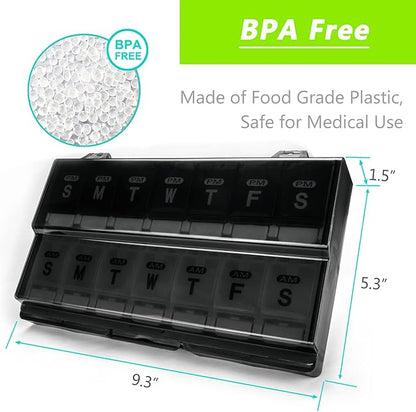 Extra Large Weekly Pill Organizer 2 Times a Day - Remtise Am/Pm Daily Pill Case Medicine Organizer, Push Button 7 Day Pill Box for Pills/Vitamin/Cod Liver Oil/Supplements (Black & White)