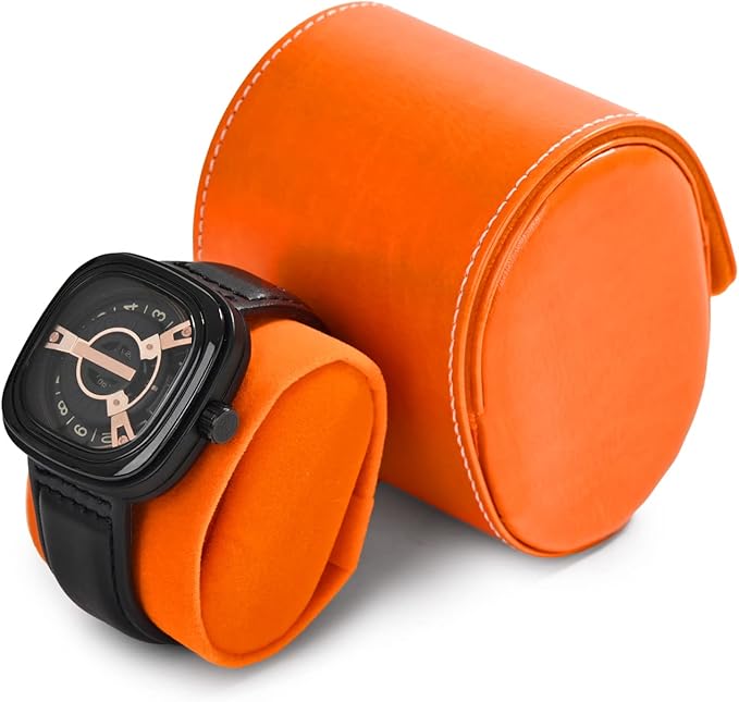 Oirlv Luxury Leather Watch Storage Box Travel Single Watch Case Jewelry Gift Box for Christmas Anniversary Birthday(Orange)