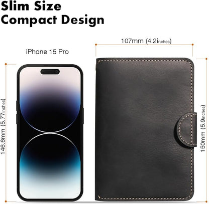 Genuine Leather Passport Holder for Travel - Rfid Passport Wallet with Hidden AirTag Slot, for 2 Passport Capacity, 2 Card Slots,for Men & Women & Family - Button Bifold Hidden Airtag Slot Style,Black