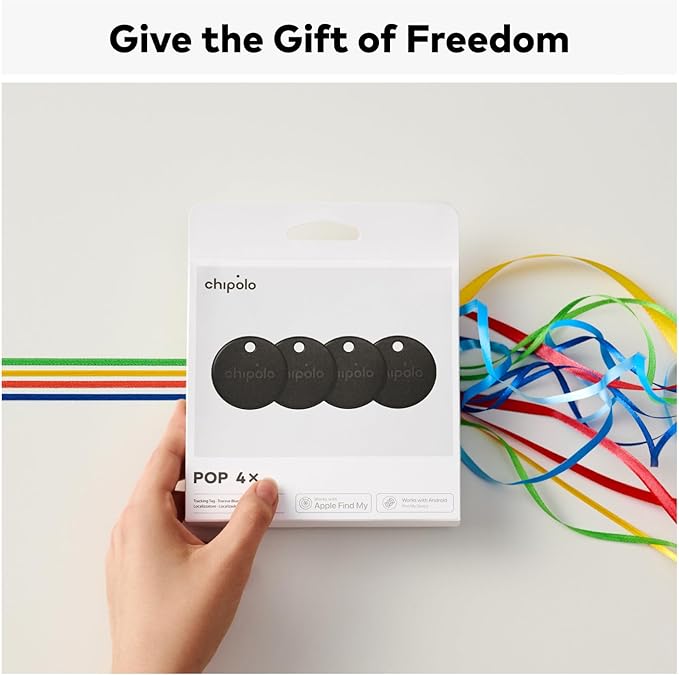 Chipolo POP Tracker Tag - Colorful, Compatible, Loud Bluetooth Tracker with Call Your Phone & Out of Range Alert, Works with Apple Find My or Google's Find My Device - 4 Pack (Black)