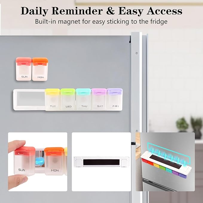 Weekly Pill Organizer Magnetic Large Travel Pill Case, Week Once Daily Medication Dispenser Medicine Container Holder for Supplement Box 7 Day 1 Time a Day (White)