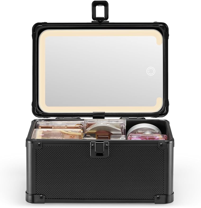 Qislee Makeup Box Mini with A Detachable Lighted Mirror, Waterproof Small Makeup Case,Cosmetic Organizer and Travel Train Case with Magnetic LED Mirror(Black)