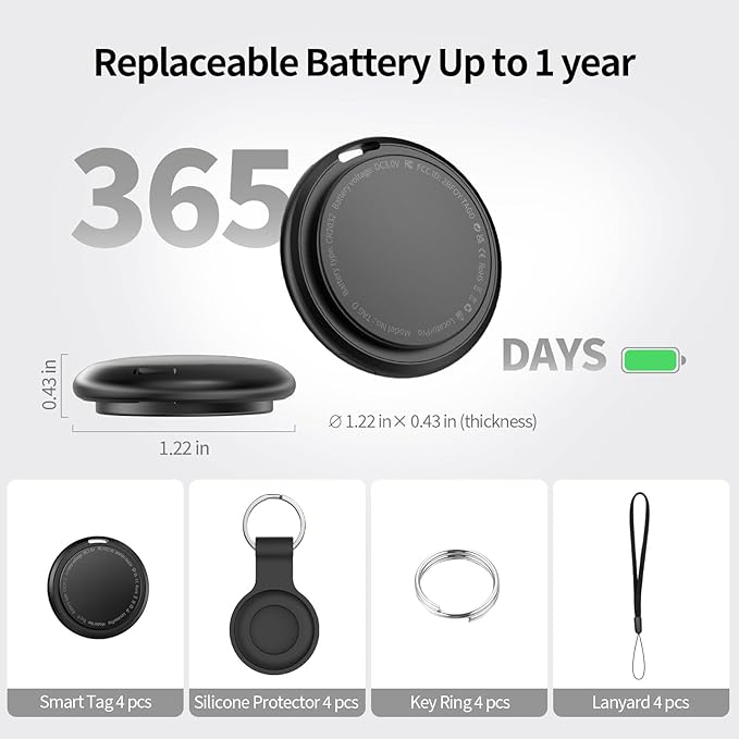 Air Tracker Tags 4 Pack, Bluetooth Smart Tag for Item Finder, Compatible with iOS Find My, Replaceable Battery & Long Battery Life, Item Locator for Keys, Luggage, Bags, Wallet with Key Chain