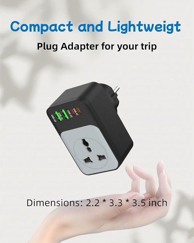 European Travel Plug Adapter, COOFINE 65W International Power Adapter with 2 PD USB C 2 USB Ports, Type E F Plug Adapter for US to Europe Spain Iceland German French, Europe Travel Essentials