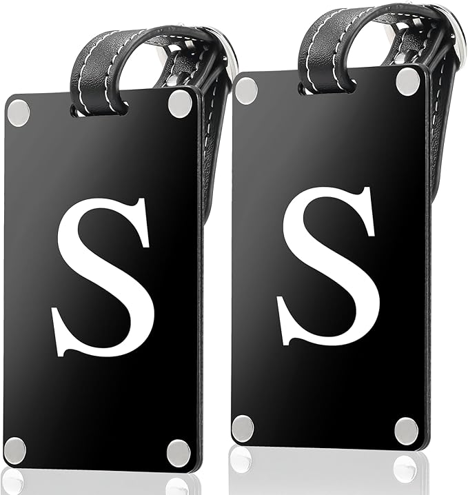 Premium 3-Layer Aluminum Luggage Tags by Fortuna - Easy to Claim, Laser-Engraved, Plastic-Free, and Eco-Friendly Luggage Tag Holders, 2-Pack, Black (S)