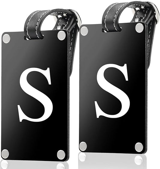 Premium 3-Layer Aluminum Luggage Tags by Fortuna - Easy to Claim, Laser-Engraved, Plastic-Free, and Eco-Friendly Luggage Tag Holders, 2-Pack, Black (S)