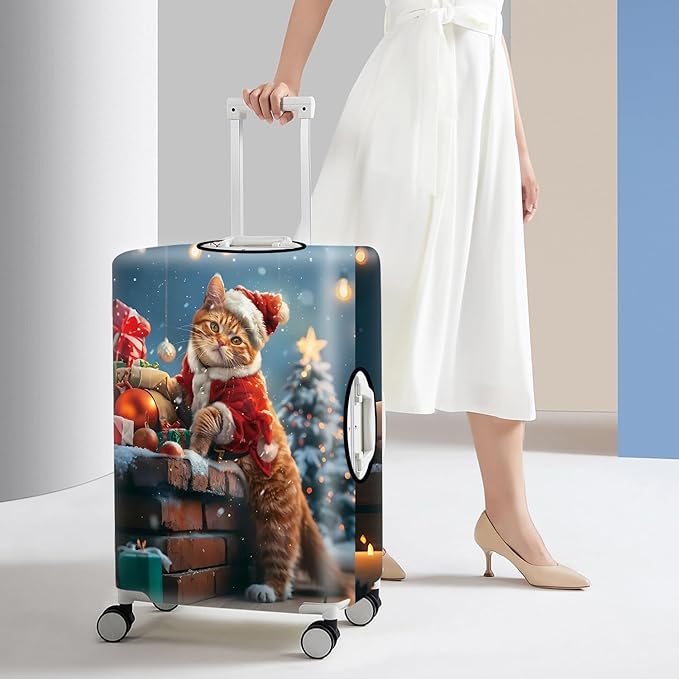 Christmas Cat Luggage Cover – Cute Santa Kitty Suitcase Protector, Holiday Travel Luggage Sleeve, Stretchable & Waterproof,XL