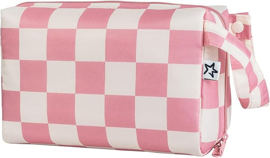 Tiny Twinkle Waterproof Travel Toiletry & Makeup Bag Organizer | Large Capacity Cosmetic Case with Compartments & Handle, A Thoughtful Travel Companion for Women（Pink Checkers