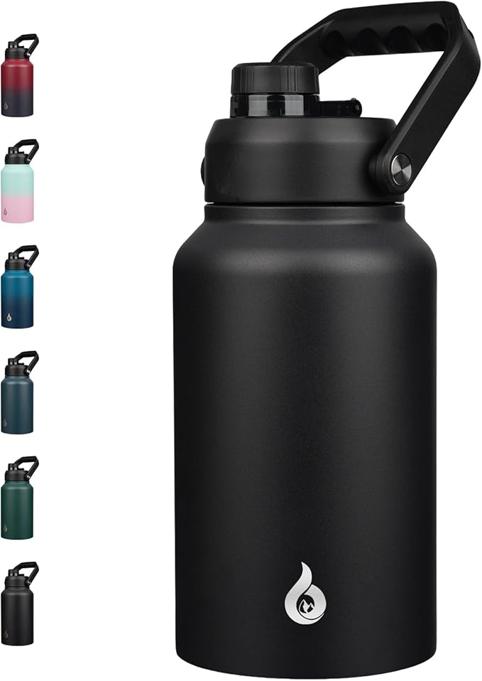 BJPKPK 87oz Insulated Water Bottle, Dishwasher Safe 2/3 Gallon Water Bottle with Ergonomic Handle, BPA Free Leak Proof Water Jug,Stainless Steel Metal Flasks with Anti-slip Bottom, Black