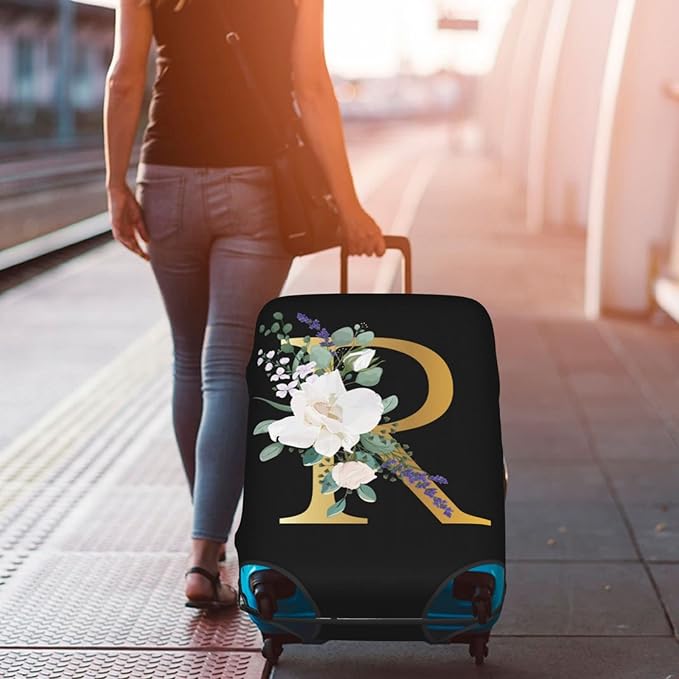 Flower Lette R Black Luggage Cover Elastic Washable Stretch Suitcase Protector Anti-Scratch Travel Suitcase Cover for Kid and Adult S (18-21 inch suitcase)