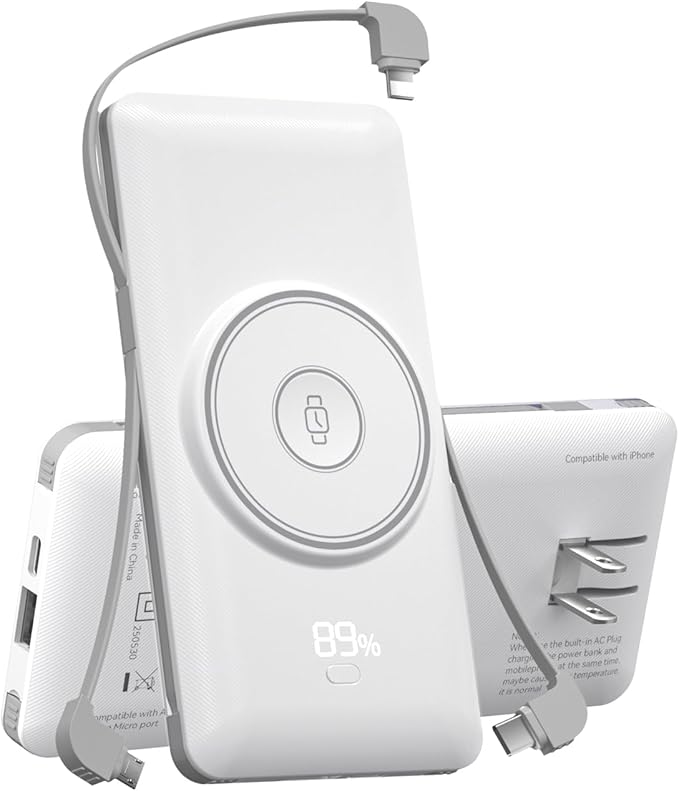 Magnetic 10000mAh Portable Charger for iWatch & iPhone, 22.5W USB C Fast Charging Wireless Power Bank Built-in Cables and Wall Plug, External Travel Battery Pack Compatible with iOS Android Devices