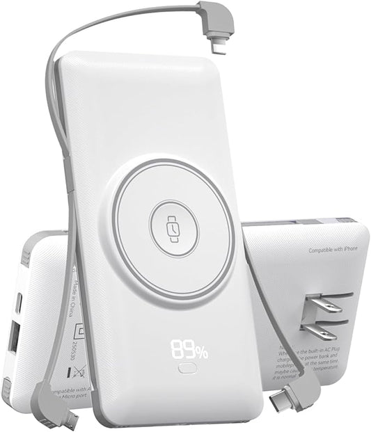 Magnetic 10000mAh Portable Charger for iWatch & iPhone, 22.5W USB C Fast Charging Wireless Power Bank Built-in Cables and Wall Plug, External Travel Battery Pack Compatible with iOS Android Devices