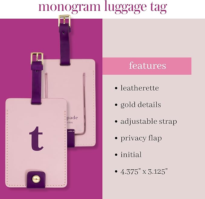 Kate Spade New York Leatherette Luggage Tag with Secure Strap, Colorful Suitcase Identifier for Travel, Monogram Bag Tag ID (T)